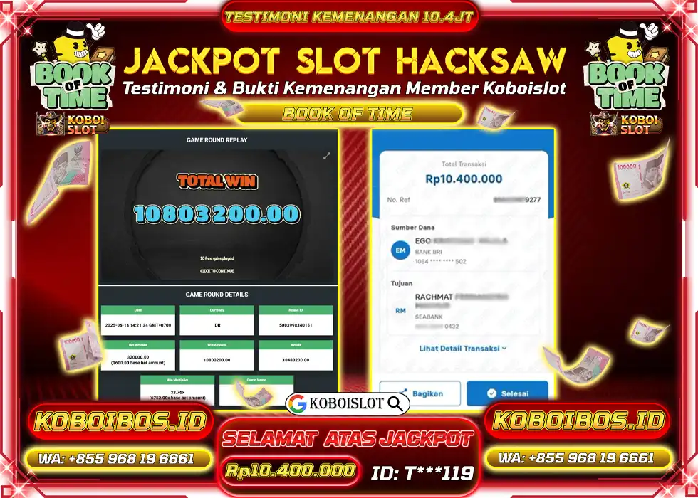 BUKTI KEMENANGAN SLOT GACOR BOOK OF TIME Rp10.400.000,- LUNAS